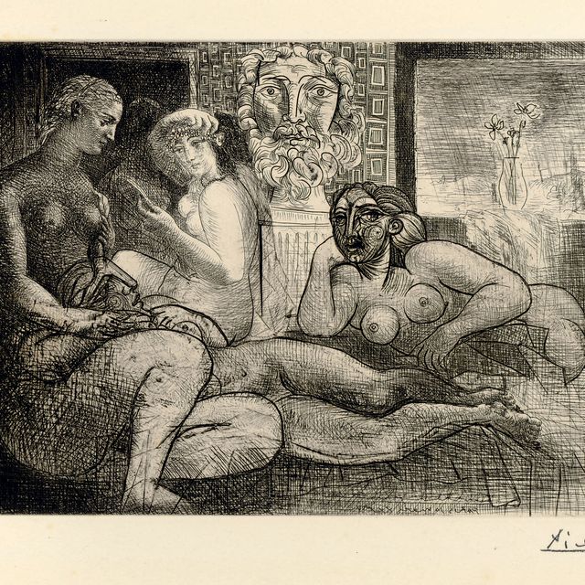 Pablo Picasso — "Четыре молодые женщины и две скульптуры" из "Сюиты Воллара" (стр. 219; стр. 424)