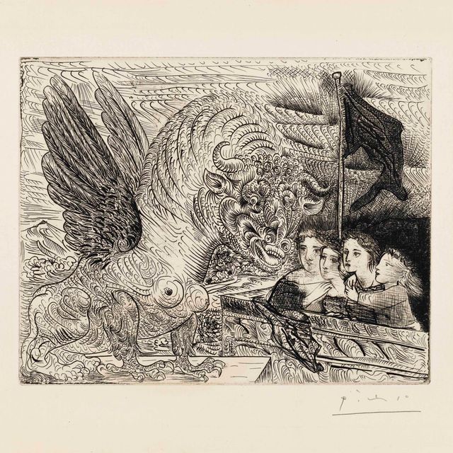 Pablo Picasso — Торо созерцает четверых детей, из "Сюиты Воллар" (B. 229; Ba. 444)