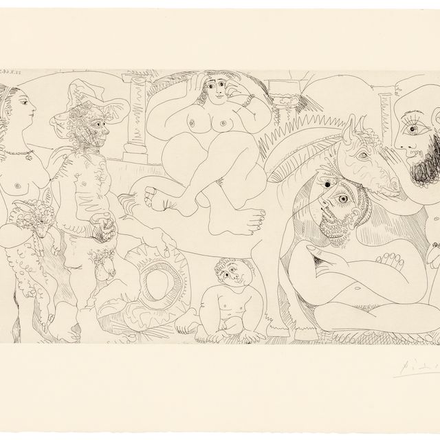 Pablo Picasso — Группа женщин в возрасте Аньо, одалиска-хозяйка и автопортрет в гараже, из серии 347