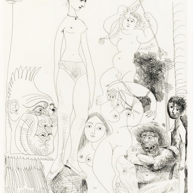 Pablo Picasso — Автопортрет с перевоплощением и приключениями сироты в цирке, с Жаклин в роли акробатки из "Ла Сери 347" (В. 1489; В. 1504)