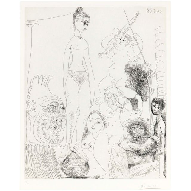 Pablo Picasso — Автопортрет с перевоплощением и дебютом в цирке, с Жаклин в роли акробатки а-ля буль, из "Ла Сери 347"