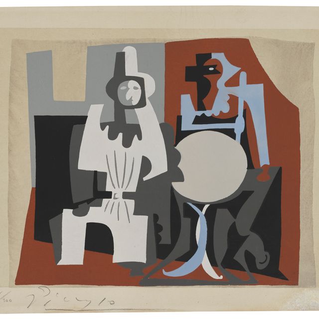 Pablo Picasso — Пьеро и Арлекин на террасе кафе, от: Dix pochoirs