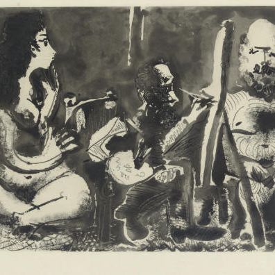 Pablo Picasso — Мальчик в родах, модель барбу и зрительница в сопровождении хвостатого, из "Голубых вод Барселоны" (Р. 1130; Р. 1127)