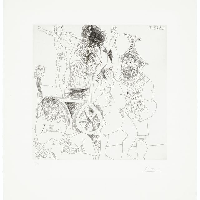 Pablo Picasso — Привал для комедиантов на колесах, у дома и в наряде для молодой женщины, из "Ла Сери 347"