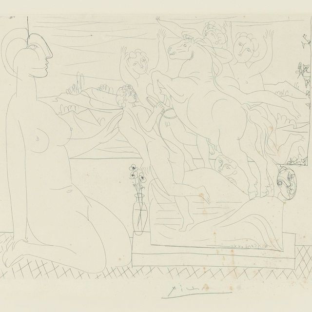 Pablo Picasso — Мария-Тереза Аженуйе, созерцательница в группе скульпторов, из "Ла Сюит Воллар" (B. 175; Ba. 328)