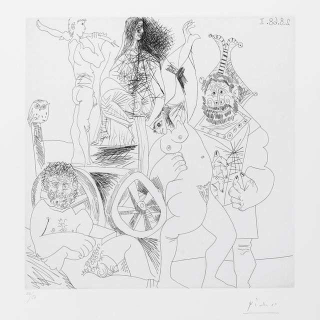 Pablo Picasso — Привал для комедиантов на колесах, когда они спят и наряжаются в наряды для молодой женщины, из "Ла Сери 347"