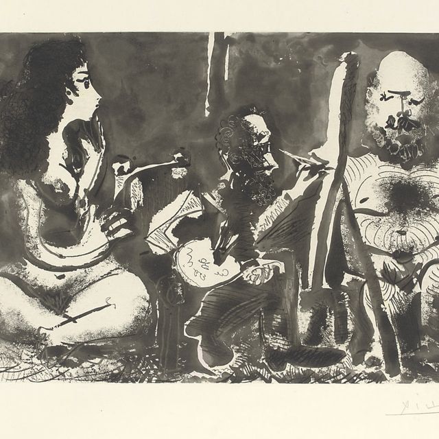 Pablo Picasso — Девочка в родах, модель барбу и зрительница в сопровождении хвостатого, из "Синих глаз Барселоны" (B. 1130; B. 1127 Bb)