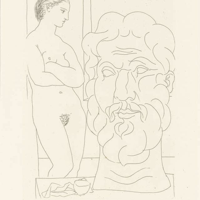 Pablo Picasso — Модель и большая скульптура тет-а-тет из "Сюиты Воллара" (B. 170; Ba. 323)