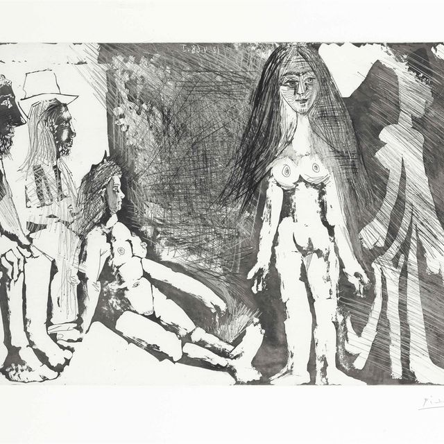 Pablo Picasso — Молодая девушка, с уважением относящаяся к женскому полу и двум мужчинам, которые не живут на гитане, из "Ла Сери 347"