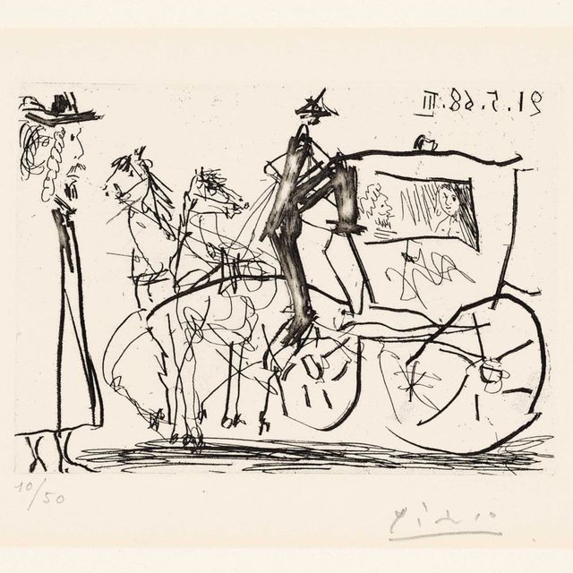 Pablo Picasso — Мужчина, наблюдающий за парой в конном экипаже, серия 347 (Блох, 1583; Бэр, 1599)