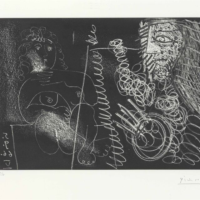 Pablo Picasso — Изображение в виде полуфигуры и модельного аксессуара в исполнении таланта