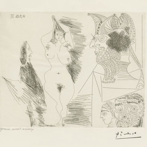 Pablo Picasso — Молодая женщина и джентльмен: Скульптура египтянки на цоколе, из серии 347 (1803; 1820).