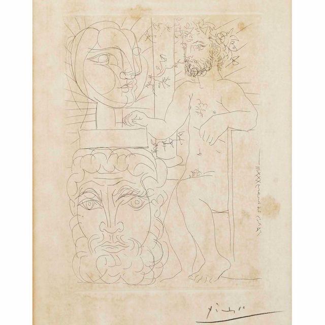 Pablo Picasso — Скульптор и двое наедине, скульптор - автопортрет скульптора и сына, скульптурный слуга в цоколе наедине с Марией-Терезой, пл. 48 (из сюиты Воллара) (Б. 157)
