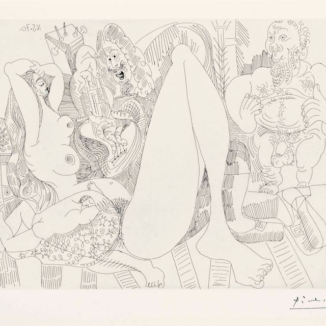 Pablo Picasso — Музыкант и обнаженный старик, рассматривающие обнаженную натуру со спящим ребенком, из серии 156 (Блох, 1906; Бэр, 1912)