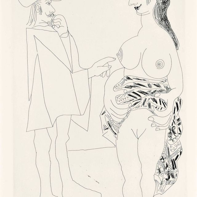 Pablo Picasso — Мужчина, прикасающийся к груди стоящей обнаженной женщины, из серии 156 (Блох, 1907; Бэр, 1913)