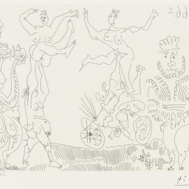Pablo Picasso — Акробаты, играющие с королем и сыном маленького мальчика, сопровождающие Леура те (Р. 1427; Р. 1455)