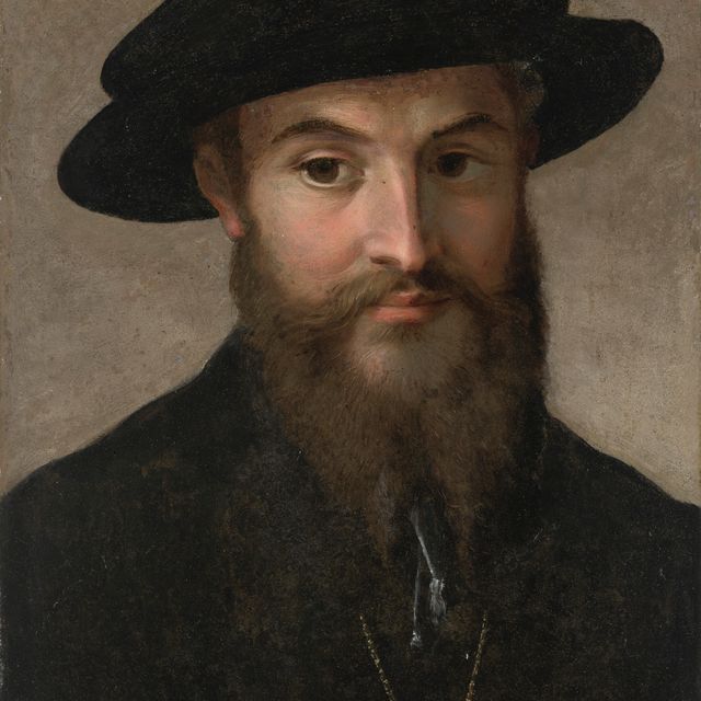 Parmigianino — Портрет бородатого мужчины, во весь рост, в черной шляпе, на золотой цепочке с кольцом