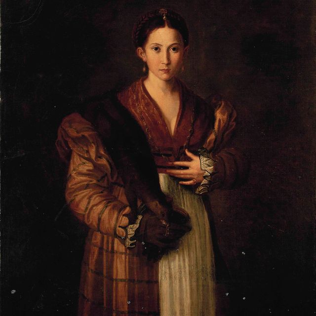 Parmigianino — Портрет дамы, известной как Антея, в три четверти роста, в платье цвета охры, с горностаем на плече