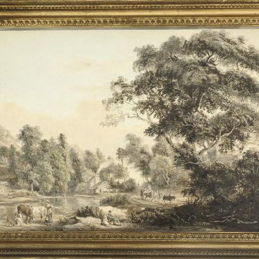 Paul Sandby — Лесистый речной пейзаж с молочницами на переднем плане, коттеджем и путешественниками на тропинке за ним.