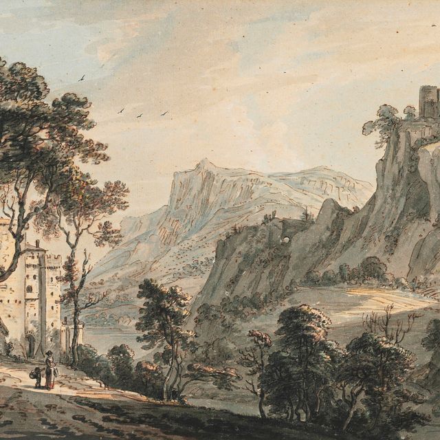 Paul Sandby — Уэльский пейзаж в стиле каприччио с фигурами на фоне замка