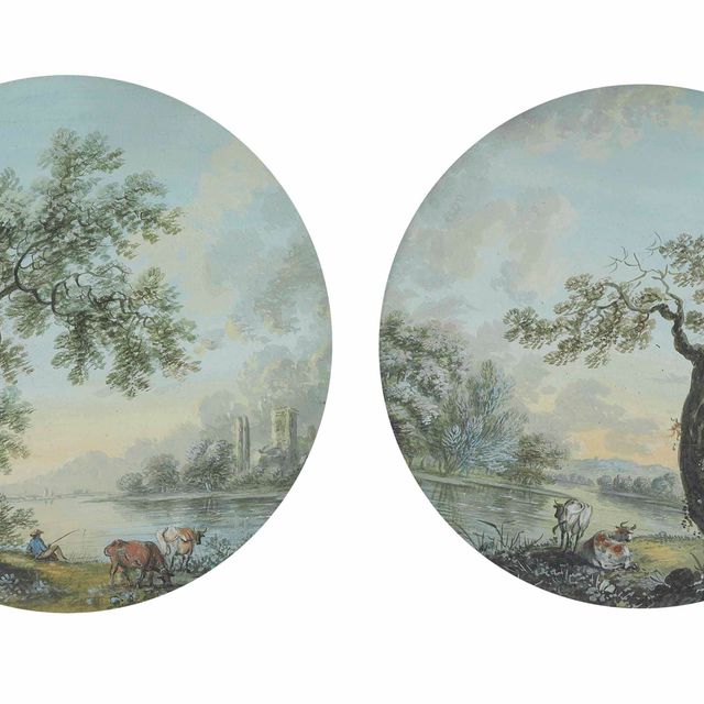 Paul Sandby — Рыболов на берегу реки со скотом; и человек, сидящий на дереве со скотом у реки