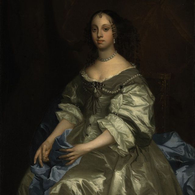 Peter Lely — Портрет королевы Екатерины Брагансской, сидящей в три четверти роста