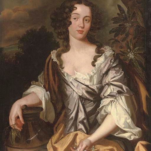 Peter Lely — Портрет сидящей дамы в три четверти роста, в атласном платье цвета устриц и желтой накидке, с веточкой флердоранжа в левой руке и апельсином в правой, рядом с урной, на фоне пейзажа