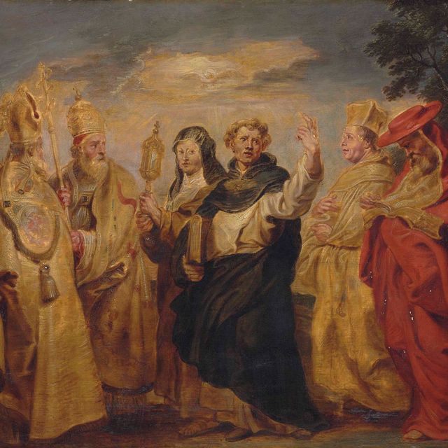Peter Paul Rubens — Учителя евхаристии и святые: Григорий, Амвросий, Августин, Клара, Фома Аквинский, Норберт и Иероним, с голубем Святого Духа