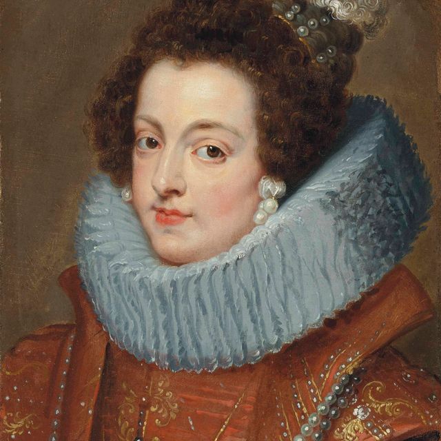 Peter Paul Rubens — Портрет королевы Изабеллы де Бурбон (1602-1644), длиной до груди, в красно-золотом платье, с белой оборкой и жемчужными серьгами, жемчугом и перьями в волосах