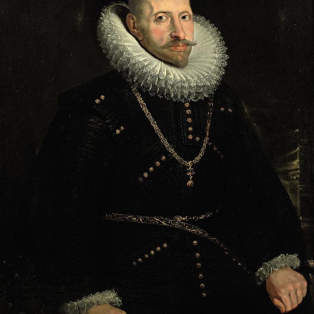 Peter Paul Rubens — Портрет эрцгерцога Альбрехта (1559-1621) в полный рост, в черном костюме, расшитом золотом, с белой кружевной лентой "моленстенкрааг" и орденом Золотого руна на золотой цепочке.