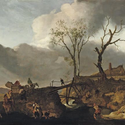 Philips Wouwerman — Скалистый речной пейзаж с путешественниками на тропинке, пересекающей деревянный мост