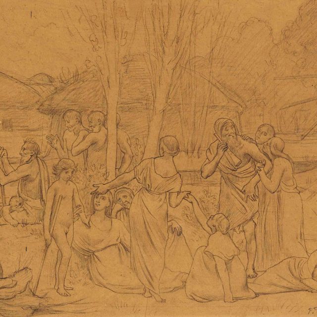 Pierre Puvis De Chavannes — Этюд для Ludus pro patria : Группа фигур в классических костюмах собралась на берегу реки