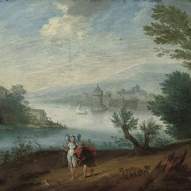 Raphael — A wooded river landscape with Tobias and the Archangel Raphael