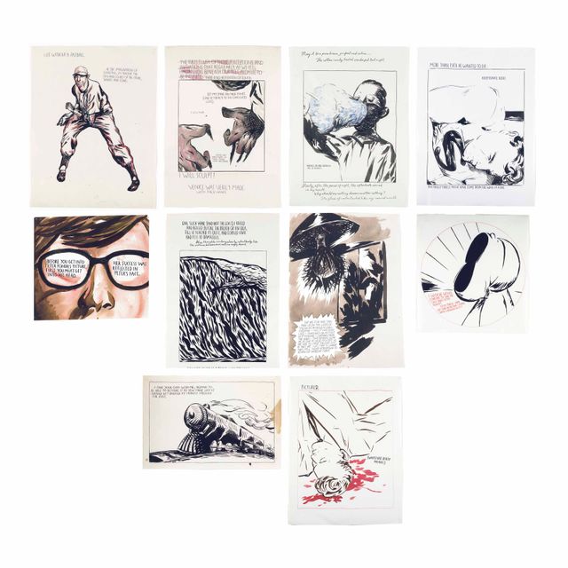 Raymond Pettibon — (i) Untitled (I will sculpt!) (ii) Untitled (One such wave) (iii) Untitled (That was to be no more...) (iv) Untitled (I wish we would consent) (v) Untitled (The cotton candy...) (vi) Untitled (Before you get...) (vii) Untitled (Life without a fastball) (viii) Untitled (I take your copy...) (ix) Untitled (Kryptonite kisses) (x) Untitled (Whatever death means)