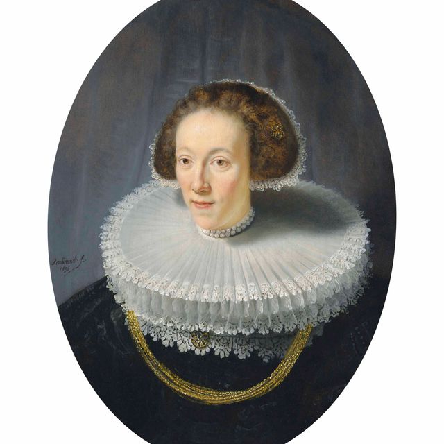 Rembrandt van Rijn — Портрет Петронеллы Бюйс (1610-1670), длиной до груди, в черном платье из парчи, с оборкой в виде двойного колеса, отделанной кружевом бобин, и шапочке с жемчужной диадемой