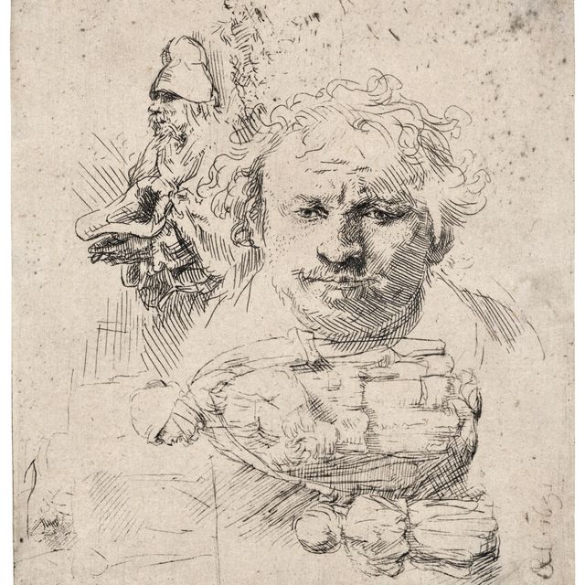 Rembrandt van Rijn — Лист с этюдами с изображением головы художника, нищего мужчины, женщины и ребенка