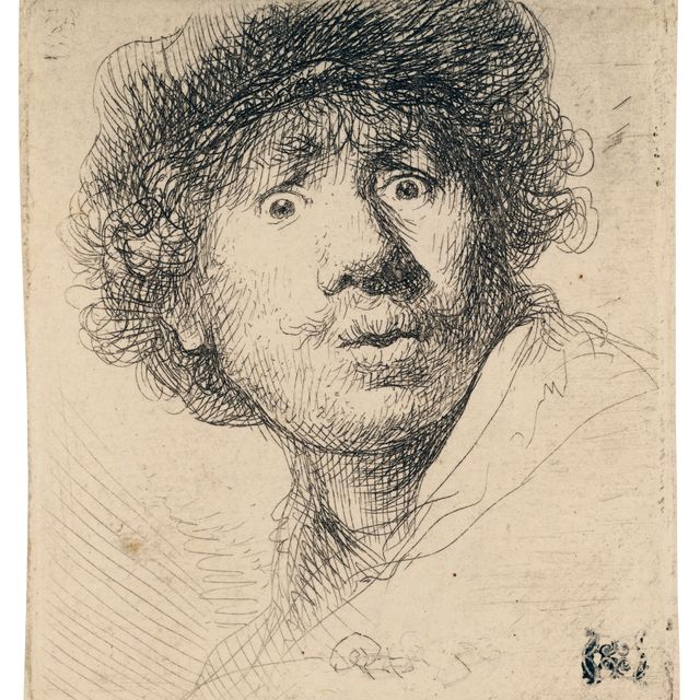 Rembrandt van Rijn — Автопортрет в кепке, с широко раскрытыми глазами и открытым ртом