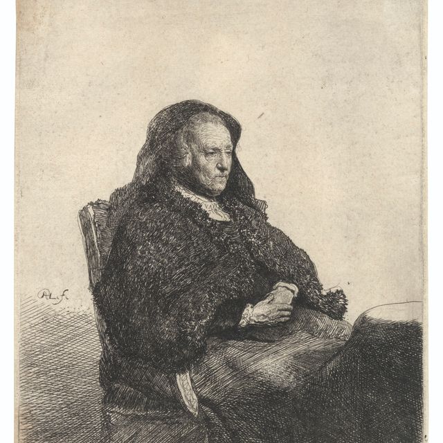 Rembrandt van Rijn — Мать художника сидит за столом, глядя направо: три четверти длины