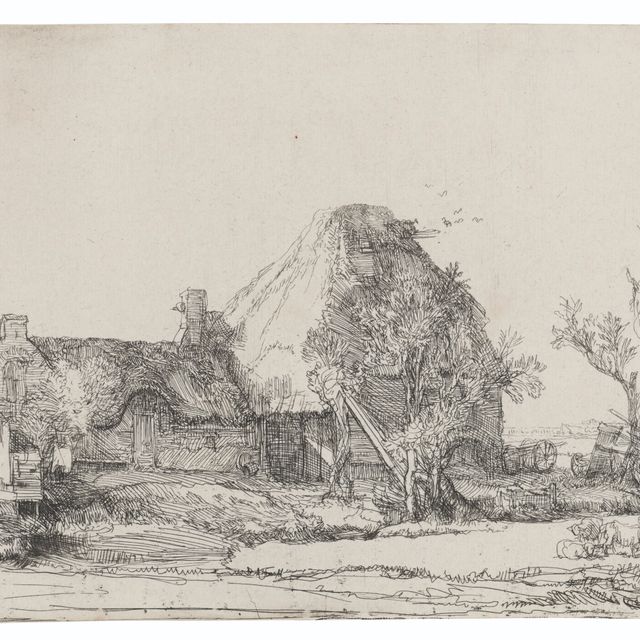 Rembrandt van Rijn — Коттеджи и хозяйственные постройки с зарисовками мужчины