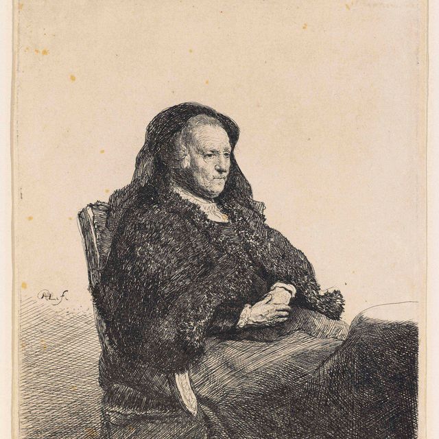 Rembrandt van Rijn — Мать художника, сидящая за столом, смотрит направо: рост в три четверти (В., Зал. 343; H. 52)