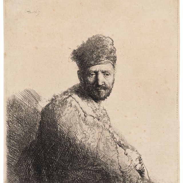 Rembrandt van Rijn — Бородатый мужчина в восточной шапочке и халате с мехом: отец художника?