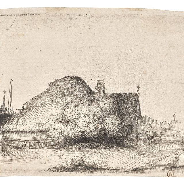 Rembrandt van Rijn — Коттедж и пограничный столб на Спаарндаммердейке ("Пейзаж с обелиском")