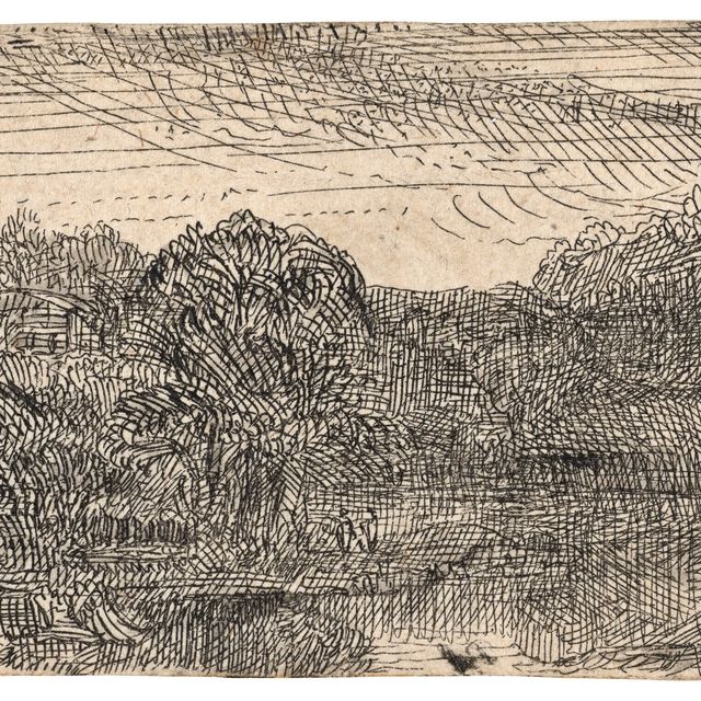 Rembrandt van Rijn — Маленький серый пейзаж: дом и деревья рядом с бассейном