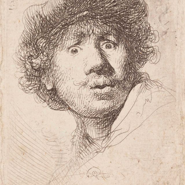 Rembrandt van Rijn — Автопортрет в кепке, с широко раскрытыми глазами и открытым ртом