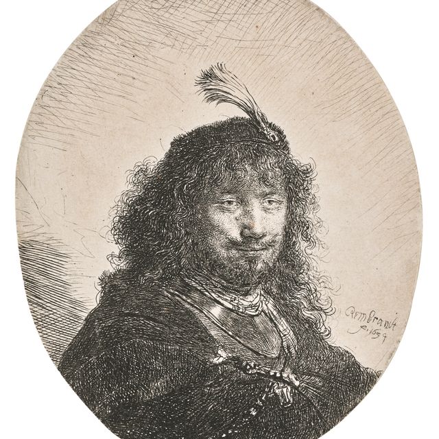 Rembrandt van Rijn — Автопортрет (?) в шляпе с плюмажем и опущенной саблей