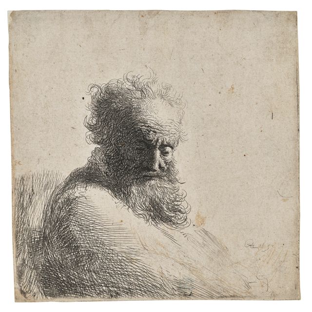 Rembrandt van Rijn — Бюст старого бородатого мужчины, смотрящего вниз, на три четверти вправо
