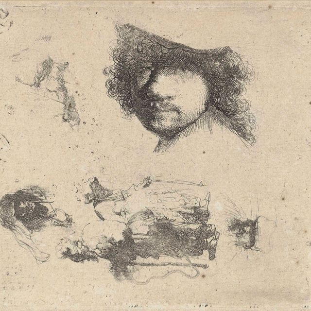 Rembrandt van Rijn — Лист с этюдами: Голова художника, пара нищих, головы старика и старухи