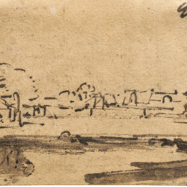 Rembrandt van Rijn — Вид на город вдоль реки, лодка на переднем плане