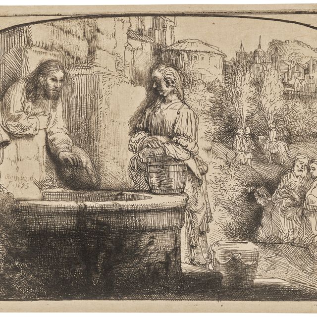 Rembrandt van Rijn — Христос и женщина из Самарии: гравюра в виде арки