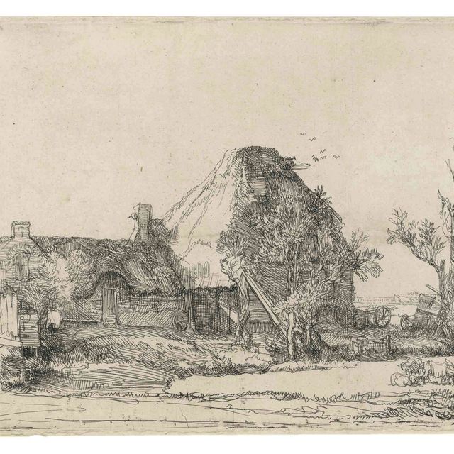 Rembrandt van Rijn — Коттеджи и хозяйственные постройки с зарисовками человека (В., Зал. 219; Н. 213)